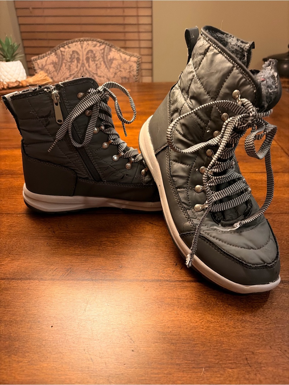 Women's Grey Quilted Winter Lace-Up Boots
